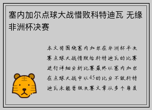 塞内加尔点球大战惜败科特迪瓦 无缘非洲杯决赛 塞内加尔点球大战惜败科特迪瓦 无缘非洲杯决赛